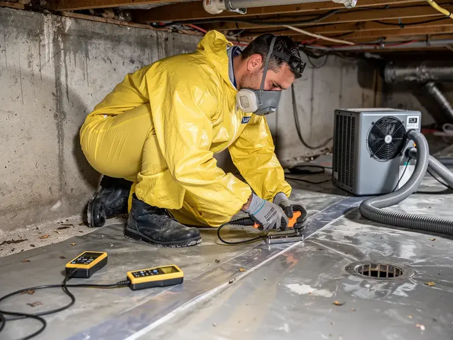Technician in a yellow protective suit setting up a dehumidifier in a Kernersville crawl space