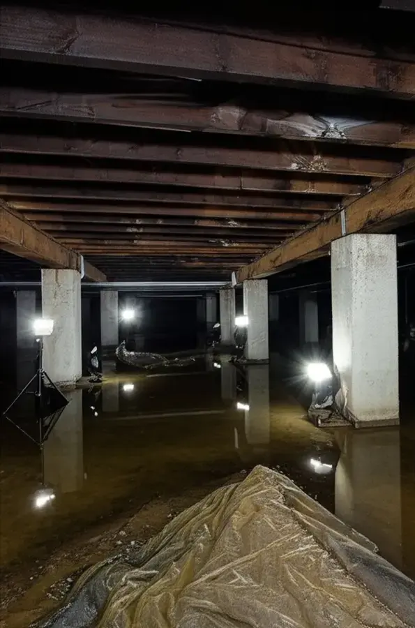 Standing water in a dark crawl space lit by work lights, the kind of space checked under Oak Ridge floors