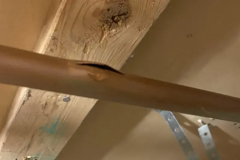 Split copper supply pipe running between floor joists, a burst pipe in a Kernersville home
