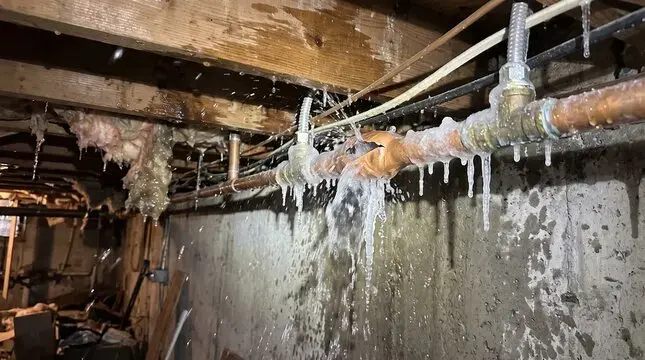 Ice hanging from frozen pipes along a foundation wall, a frozen pipe loss under a Kernersville home